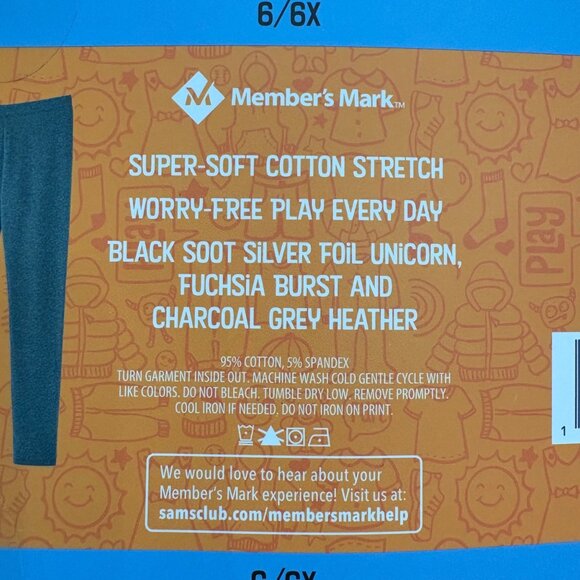 Members Mark Girls 3-Pack Leggings 6/6X Charcoal Grey Fuchsia Black UnicornPrint - Picture 3 of 6